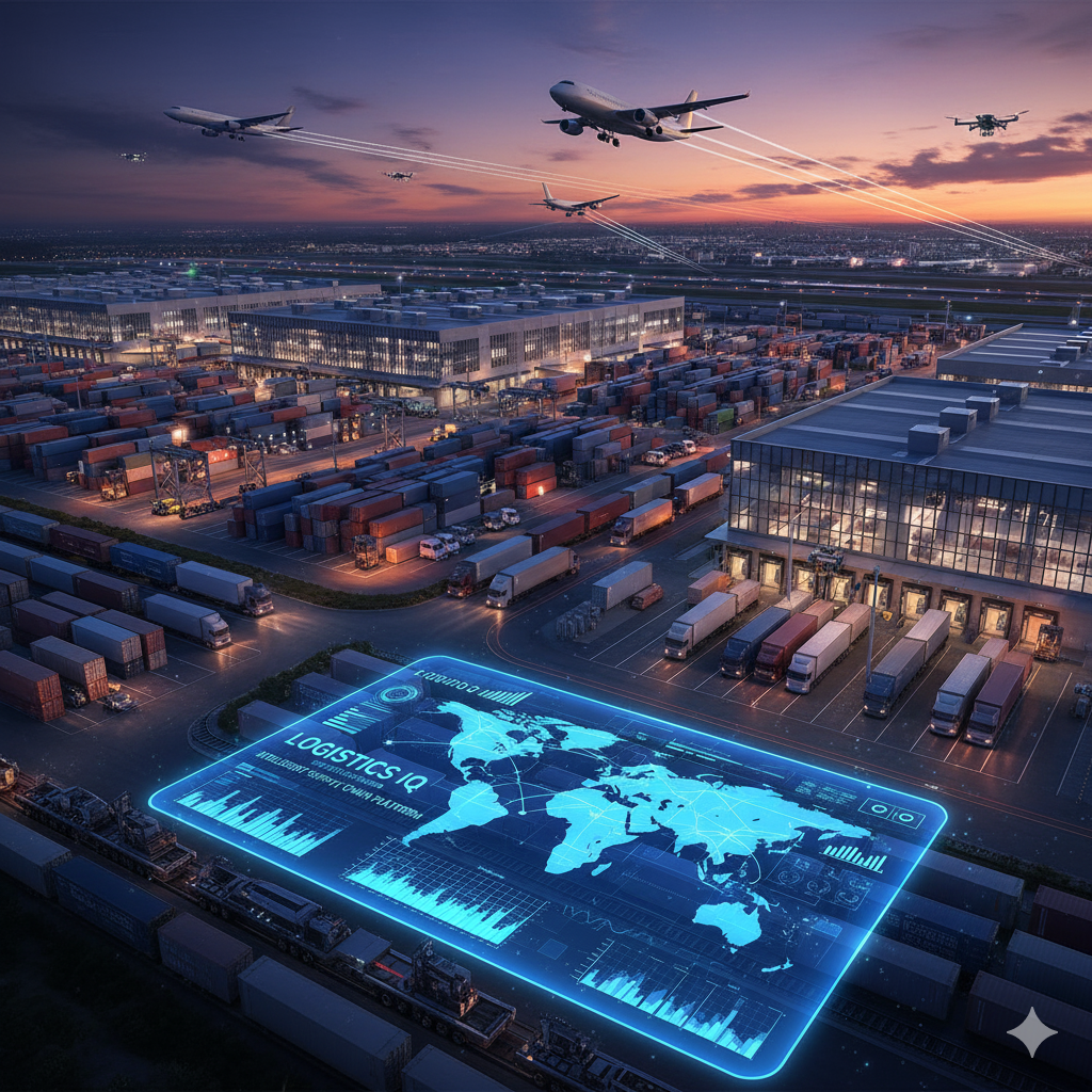 Modern logistics hub with digital technology overlay